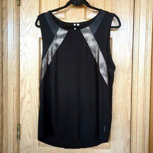 Calvin Klein Jeans black sleeveless jersey knit top L silver metallic crackle